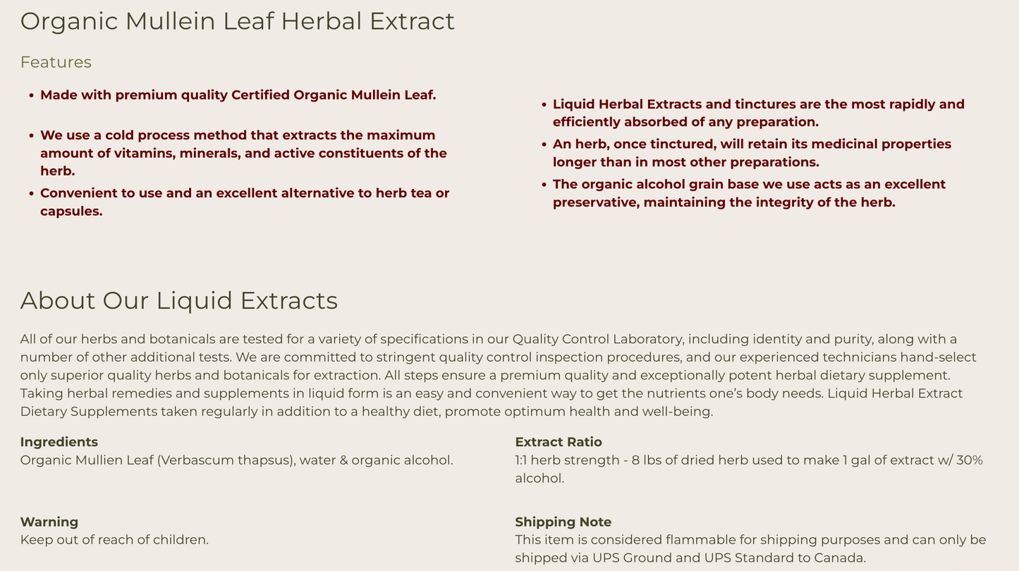 Starwest Botanicals Organic Mullein Leaf Extract 1-oz