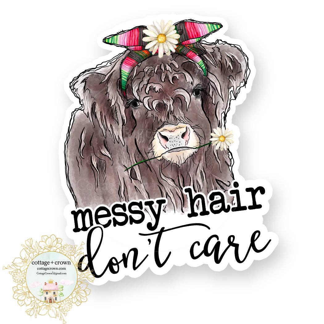 Cow Highland Messy Hair Don't Care Farm Vinyl Decal Sticker